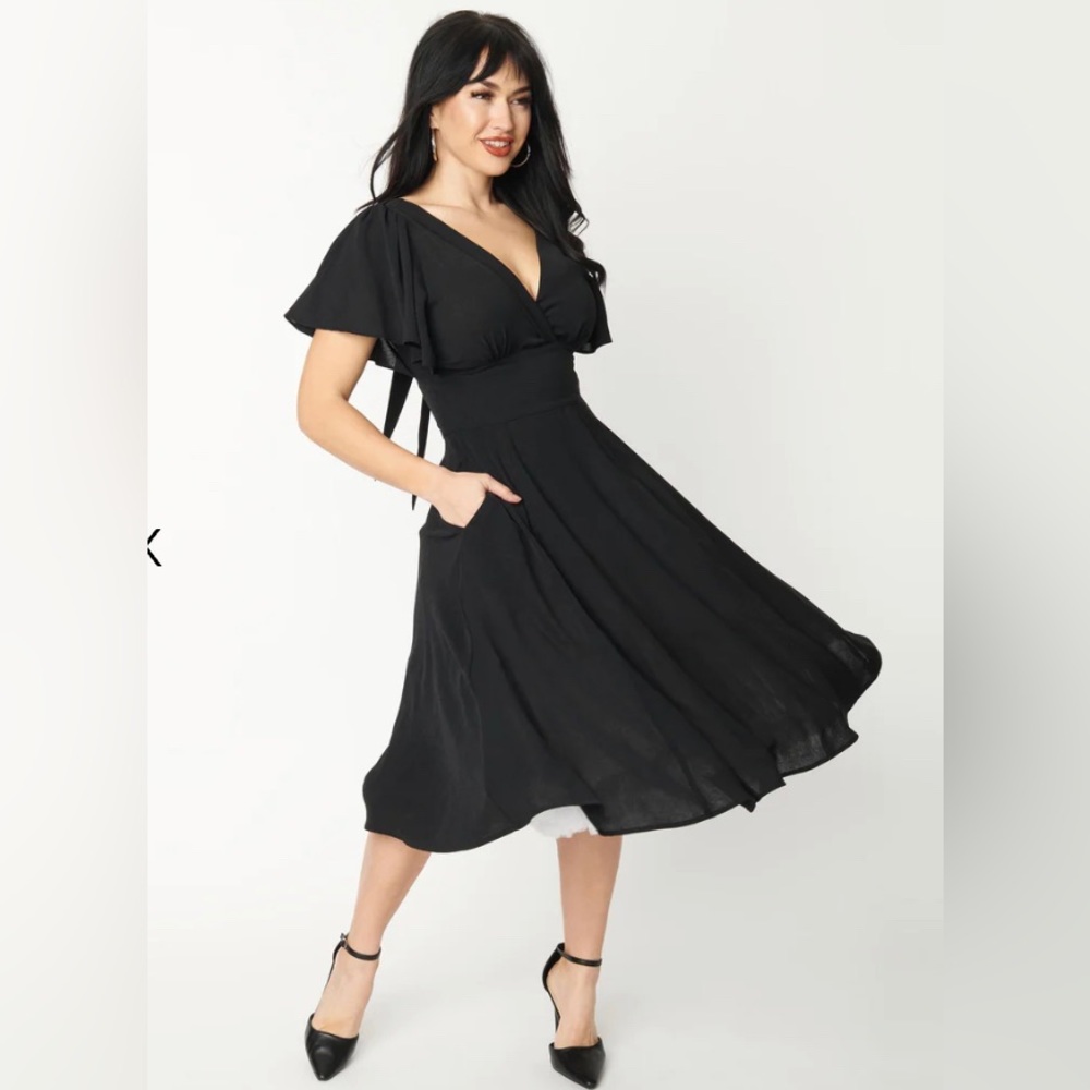 Unique Vintage NWT Black Texture Flutter Sleeve Swing Dress